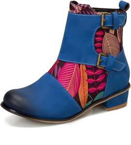 Женские ретро-башмачки VOKLIN с округлым носком, цветочным узором, повседневные кожаные ботильоны на низком каблуке с пряжкой, короткие вестерн-босоножки, Navy Blue-Velvet Lined