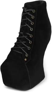 Женские ботильоны FYS с толстой платформой, круглым носком, на шнуровке, с высоким клиновидным каблуком, сексуальные туфли для клубных вечеринок, размеры 4-16 US, Black