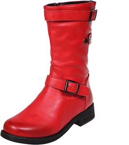 Женские сапоги Unifizz с закрытым круглым носком, пряжкой, боковой молнией, низким каблуком и средней высотой голенища, Red