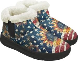 Зимние женские ботинки с меховой подкладкой, легкие ботильоны с защищенной от скольжения подошвой EVA, удобные и теплые зимние обувь Chririnla, Sunflower American Flag