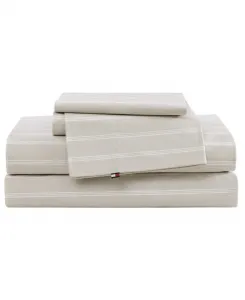 Комплект постельного белья из 4 предметов, изготовленный из хлопкового перкаля с набивным рисунком, плотность ткани 200 TC, размер Queen Tommy Hilfiger, бежевый