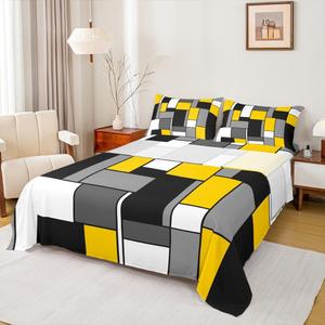 Erosebridal Комплект постельного белья Yellow Black Grey в современном абстрактном геометрическом стиле с клетчатым и полосатым принтом, Yellow Grey Black