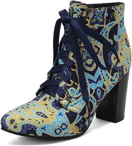 Женские модные ботильоны Aflngle с цветочным узором, шнуровкой, заостренным носком, средней массивной подошвой, в стиле панк и байкерские короткие ботинки, Blue
