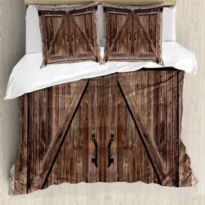 Пододеяльник ABAKUHAUS в деревенском стиле, дизайн Деревянная дверь амбара, защита от клещей, подходит для аллергиков, с наволочками, 200 см x 200 см - 80 x 80 см, бежевый Abakuhaus