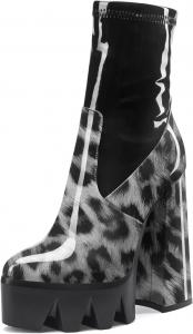 Женские ботильоны на платформе Aachcol с толстым каблуком, высокой пяткой, коротким голенищем, молнией, округлым закрытым носком, лакированные, каблук 5,5 дюйма, Grey Leopard