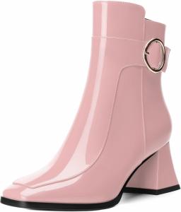 Женские ботильоны на молнии сбоку, высокие ботильоны на щиколотку, квадратный носок, модная пряжка, удобные, средний устойчивый каблук, короткие ботинки для женщин RLYGHWAO, Pink Patent