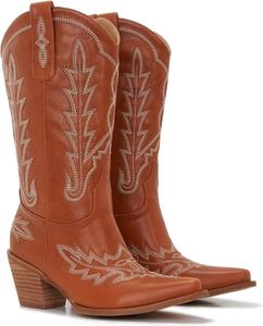 Ковбойские сапоги для женщин - западные сапоги средней длины до икра - заостренный носок - 3-дюймовый массивный деревянный каблук с вышивкой Orlynx, Cognac Brown