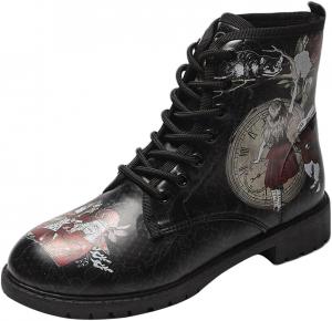 FRHDTVFN Готические боевые ботинки, черная кожа, винтажный дизайн часов, шнуровка, стиль боевых ботинок, женские модные ботильоны