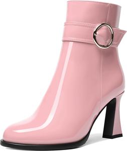 Женские ботильоны AMBELIGHT с круглым носком, для вечеринок, модные, лакированные, однотонные, с молнией, на высоком каблуке 3,3 дюйма, Pink