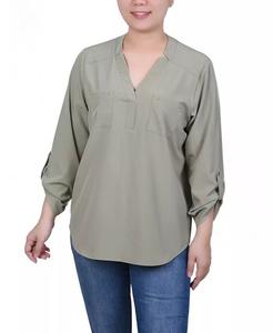 Женская блузка с отворотом на рукавах и карманами NY Collection, зеленый