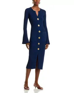 Платье Aron с V-образным вырезом, пуговицами спереди, облегающее, с длинными рукавами, средней длины, из эластичной ткани. Cara Cara, синий