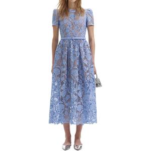 Миди-платье с короткими рукавами и кружевными деталями Self-portrait, синий