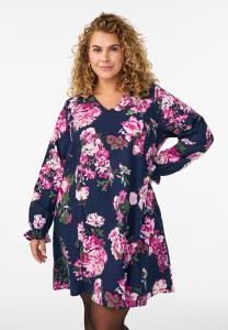 Платье Zizzi MIT V-AUSSCHNITT UND LANGEN ÄRMELN, Navy B Pink Flower/Dark Blue