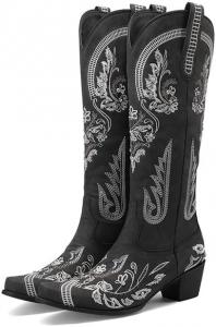 Женские ковбойские высокие сапоги с вышивкой, винтажные элегантные западные сапоги для прогулок QSPGONA, Black