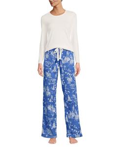 Женский пижамный комплект в подарок - вязаный топ с длинными рукавами и фланелевые брюки Lands' End, Muted cobalt winter village