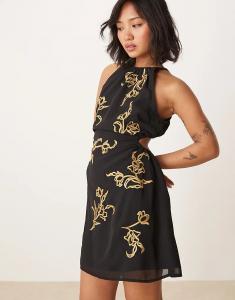 Платье миди ASOS DESIGN с цветочной вышивкой и открытой спиной, черное Asos Petite