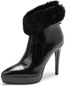 Женские зимние ботильоны TinaCus из натуральной кожи ручной работы с заостренным носком, туфли-лодочки на высоком каблуке с платформой, застежка-молния сзади, Black