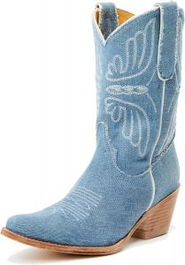 Женские ковбойские сапоги с комфортной посадкой с вышивкой в виде бабочки, заостренным носком и массивным каблуком для потрясающего западного образа IBDPOSH, Denim Blue