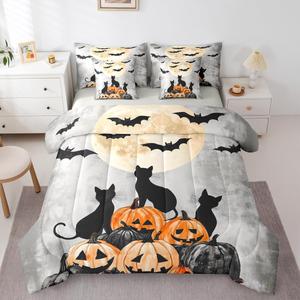 Erosebridal Комплект постельного белья Halloween с принтом тыкв, готических лун и черных кошек, Grey Black Orange