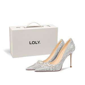 LOLY Туфли-лодочки в сказочном стиле летние на тонком каблуке для вечерних нарядов без подкладки женские серебристые "Цветущая красота и лунное очарование" 10 см