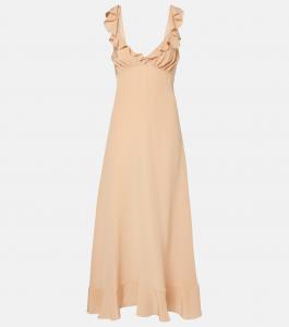 Платье макси из шелкового крепдешина с рюшами Chloé, Sand Brown