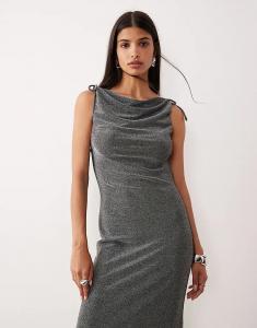 Платье миди AWARE из блестящего джерси с воротником-хомутиком в черном и серебристом цвете