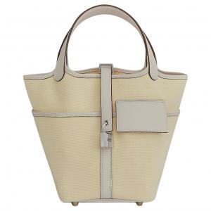 Пикотин Лок Goeland из холста и кожи Swift теленка Сумка корзина Ведро Женская Кремовый белый HERMES 18