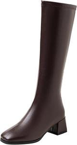 Женские высокие ботинки до колена на массивном каблуке, модные ботильоны с заостренным носком и утягивающим эффектом, однотонные, для теплой зимы Generic, Coffee