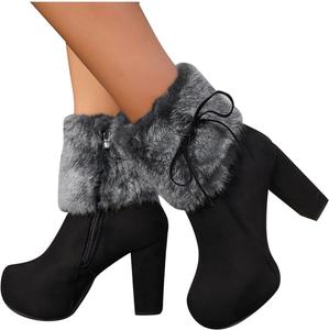 Generic Женские зимние ботильоны до середины икры с низким каблуком и ремешком, стильные теплые ботильоны с боковой молнией, боевые ботинки, противоскользящая мягкая подошва, зимние ботильоны до щиколотки (черный, 35 EU)