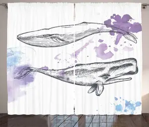 Штора ABAKUHAUS Кит в деревенском стиле, Грязные млекопитающие, Мрачное искусство, присборенная штора для спальни с петлями и крючками, 280 x 225 см, лавандово-серо-голубой Abakuhaus