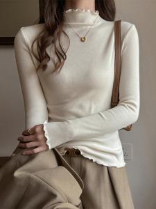 Женский топ с фестончатым высоким воротником и ребристой текстурой, сшитый по фигуре Doux Belle, цвет Beige