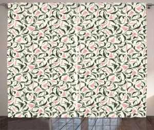 Штора ABAKUHAUS Лилии в деревенском стиле, переплетенные стебли и лилии, присборенная ленточная штора для спальни с петлями и крючками, 280 x 245 см, темно-зеленый с бледно-розовым оттенком Abakuhaus