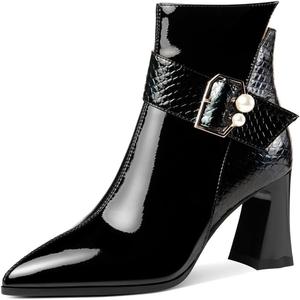 Женские ботильоны на высоком массивном каблуке TinaCus с заостренным носком, выполненные вручную из лакированной кожи, с молнией и пряжкой с жемчугом, Black