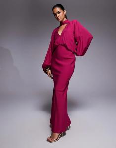 Платье макси ASOS DESIGN с высоким воротом и рукавами-блузонами малинового цвета