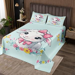 Erosebridal Комплект постельного белья Lamb с овечками и бантиками в стиле кавай, зеленый и белый, стеганый, мягкий, Green White