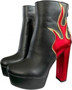 Женские ботильоны Frankie Hsu большого размера красного с золотым цвета с огненным принтом, сексуальными платформами и высокими толстым каблуком