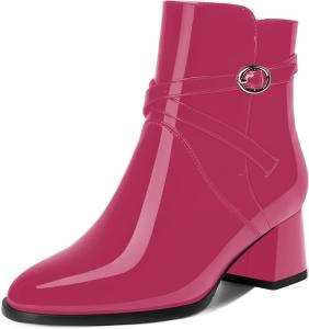 Женские ботинки AMBELIGHT с пряжкой, для путешествий, с круглым носком, наружной лакированной кожей, ремешком на щиколотке, на устойчивом низком каблуке 2 дюйма, Magenta