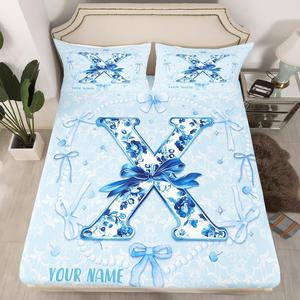 Erosebridal Набор постельного белья Coquette Bow с монограммой и цветочным узором, Blue X
