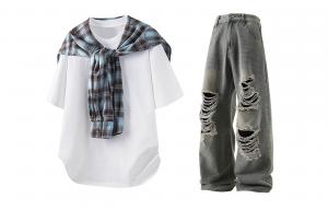 Повседневный спортивный свитер Unisex с круглой горловиной Moderate X1617, белый short-sleeved shirt+vintage синий ripped jeans