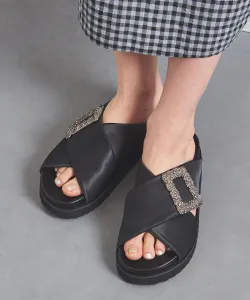 Атласные сандалии с крестом, украшенные стразами United Arrows, цвет Black