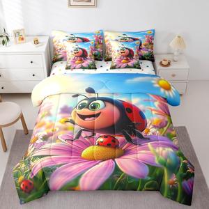 Erosebridal Комплект постельного белья Ladybug Kids King с комфортером в стиле кавай с цветочным принтом божьей коровки, Pink Red Green