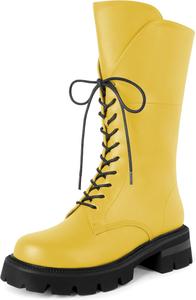 Женские боевые ботинки SAMMITOP, шнуровка, черные, средние по голени, низкий каблук, массивная подошва, круглый носок, ботинки для верховой езды, каблук 2 дюйма