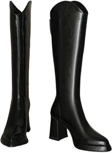 Женские ботфорты на платформе выше колена с зауженным носком, с толстым каблуком, длинные ботильоны, модные для вечеринок, зимняя обувь Generic, Black