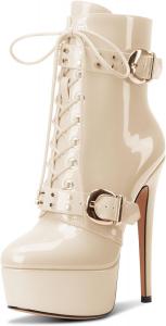 Женские лакированные ботильоны на платформе Aachcol, застежка на шнуровку, высокий каблук-стилет, пряжка и молния, короткие ботинки, туфли для выпускного платья, каблук 15 см, Beige
