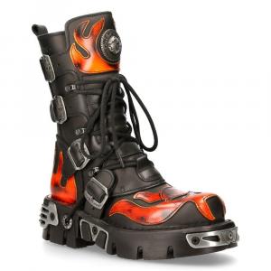 Новые рокерские мотоциклетные ботинки с черепом и акцентами пламени из черно-красной кожи - 107-S1 New Rock