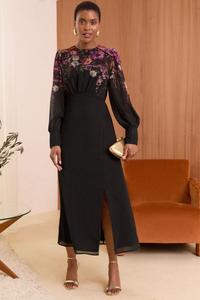 Платье миди с длинными рукавами и цветочным принтом Love & Roses, черный