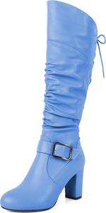 Женские сандалии Zamikoo, свободные ботильоны до колена с круглым носком, массивным каблуком, боковой молнией и металлической пряжкой, высокие повседневные сапоги на каблуке 3,5 дюйма, Blue