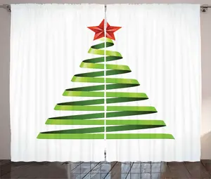 Рождественская штора ABAKUHAUS в деревенском стиле, елочка с лентами, Новый год, универсальные ленточные шторы для гостиной с петлями и крючками, 280 x 225 см, желто-зеленый вермо Abakuhaus