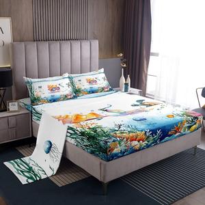 Erosebridal Комплект постельного белья Funny Conch с морскими черепахами, медузами и кораллами в синих тонах, Blue Green White Orange Yellow