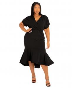 Платье миди большого размера с V-образным вырезом и воланами по низу Buxom Couture, Black